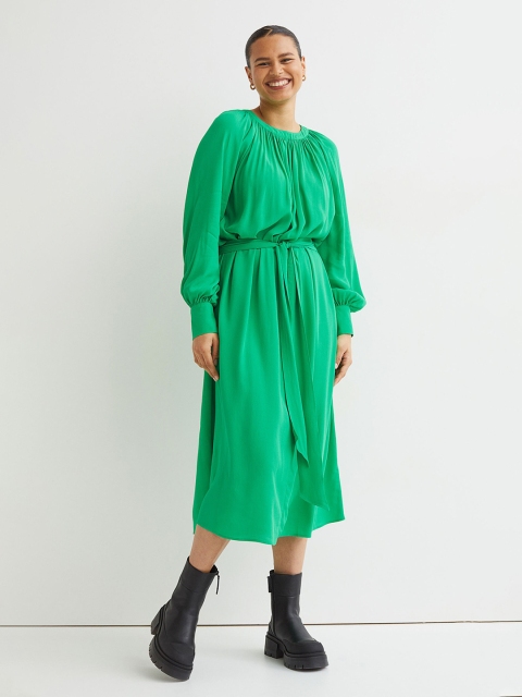 

H&M Women Green Tie-Belt Crepe Dress