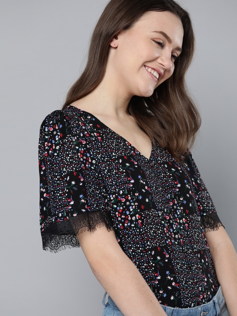 

Mast & Harbour Black Floral Print Top with Lace Details