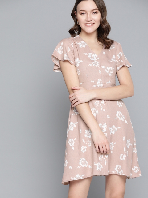 

Mast & Harbour Taupe & White Floral Printed Fit & Flare Dress