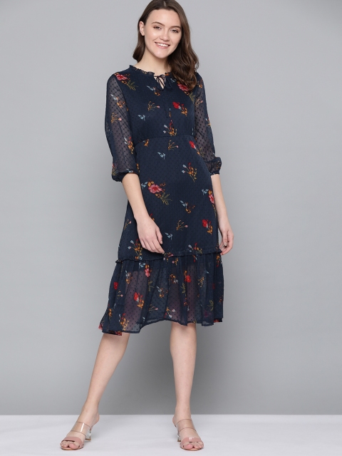 

Mast & Harbour Navy Blue & Pink Floral Printed Dobby Weave Midi Fit & Flare Dress