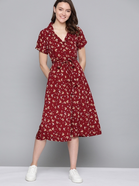 

Mast & Harbour Maroon & Yellow Floral Printed Midi Shirt Dress