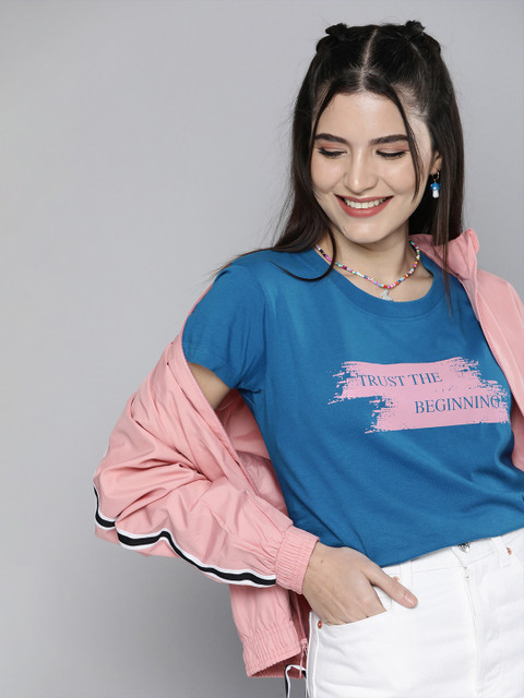 

HERE&NOW Women Blue & Pink Typography PrintedRound Neck Pure Cotton T-shirt