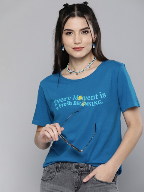 

HERE&NOW Women Blue Typography Printed Round Neck Pure Cotton T-shirt