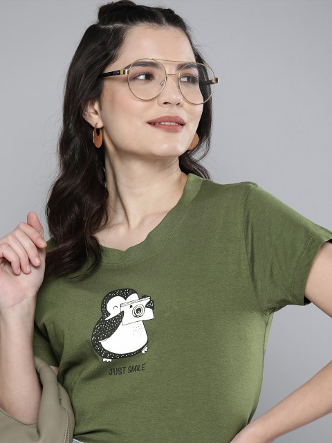

HERE&NOW Women Olive Green & White Graphic Printed Round Neck Pure Cotton T-shirt