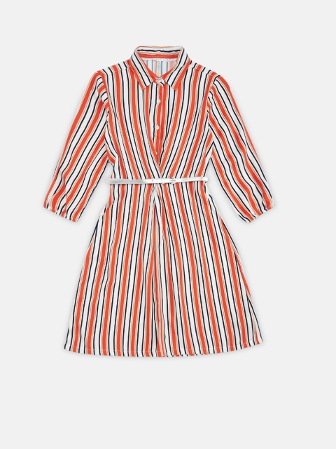 

Pantaloons Junior Girls Off White & Orange Striped Shirt Dress