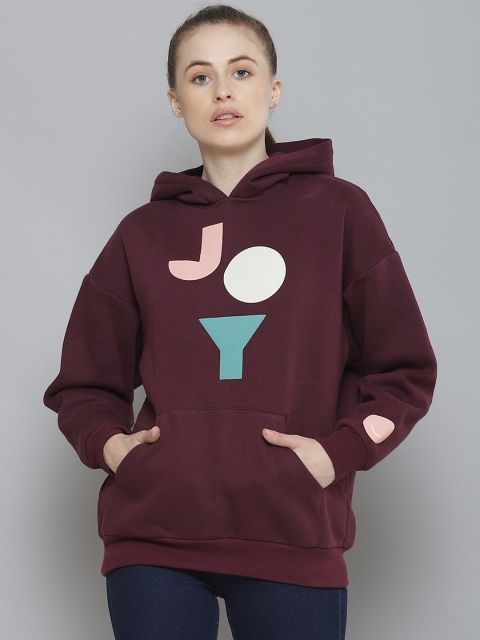 

Femella Women Maroon Oversized Fleece Printed Hooded Sweatshirt