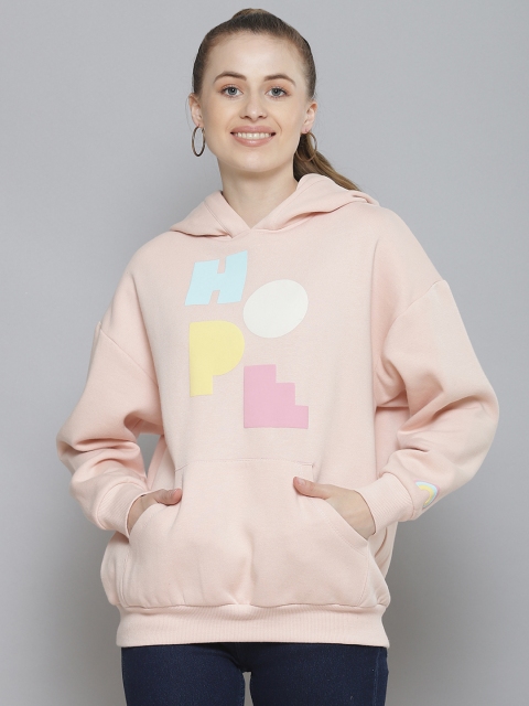 

Femella Women Pink Oversized Fleece Printed Hooded Sweatshirt