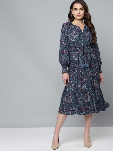 

Femella Navy Blue Paisley Printed Tier Midi Dress