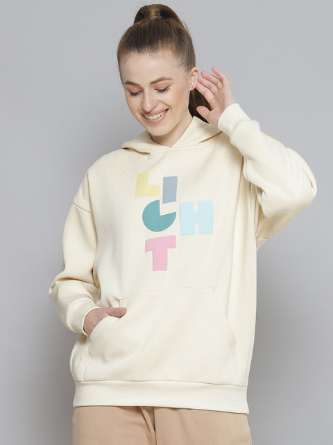 

Femella Women Off White Printed Fleece Oversized Hooded Sweatshirt