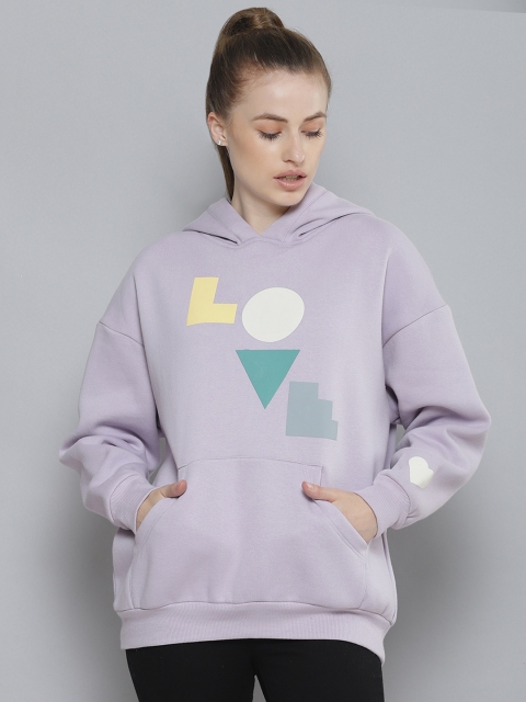 

Femella Women Lavender Printed Oversized Fleece Hooded Sweatshirt