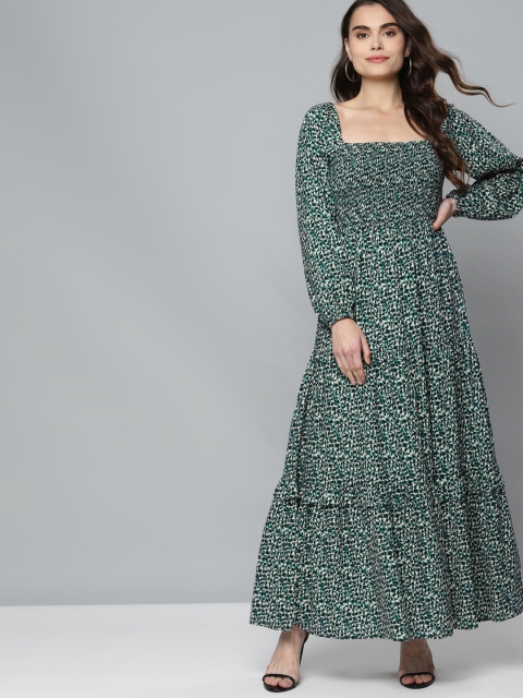 

Femella Green & White Animal Printed Smocked Maxi Dress