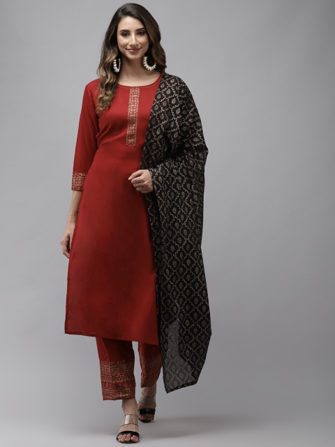 

Yufta Women Maroon & Black Thread Work Pure Cotton Kurta with Trousers & With Dupatta