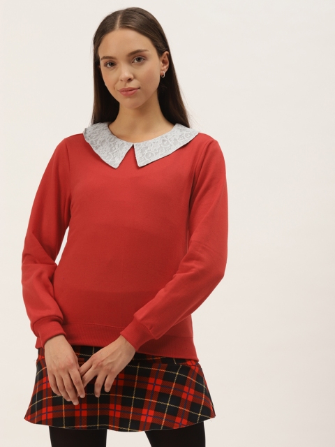 

Belle Fille Women Red & Grey Solid Peter Pan Collar Sweatshirt