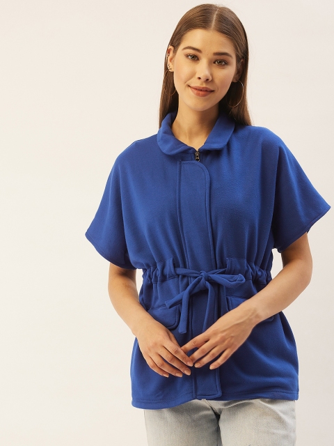 

Belle Fille Women Blue Solid Fleece Lightweight Tailored Jacket