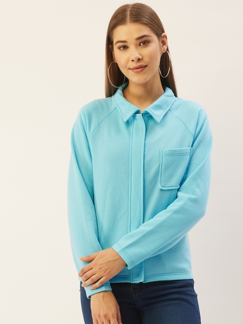 

Belle Fille Women Turquoise Blue Solid Fleece Lightweight Tailored Jacket