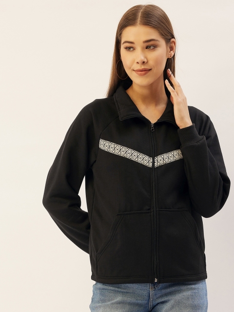 

Belle Fille Women Black Solid Fleece Lightweight Tailored Jacket with Patchwork