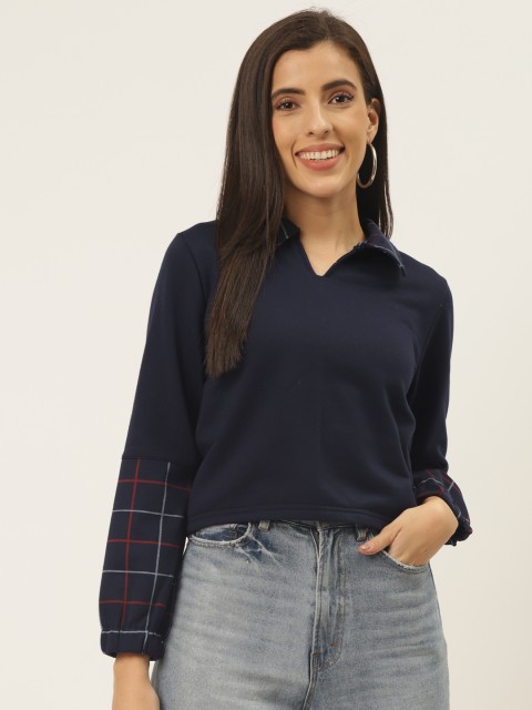 

Belle Fille Women Navy Blue & Red Solid Shirt Collar Sweatshirt