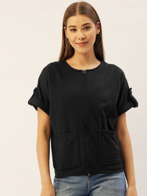 

Belle Fille Women Black Solid Fleece Lightweight Tailored Jacket