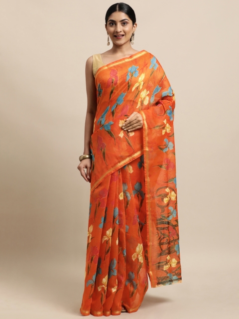 

KALINI Orange Floral Zari Jute Cotton Uppada Saree