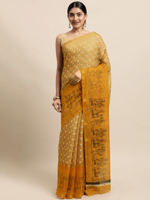 

KALINI Beige & Yellow Floral Jute Cotton Arani Saree