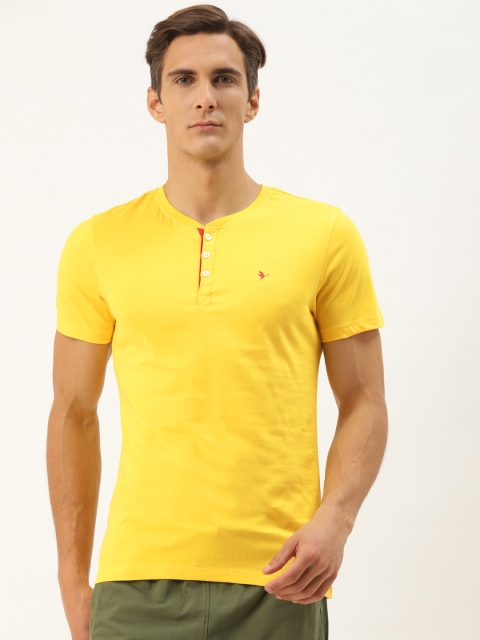 

AM SWAN Men Yellow Henley Neck T-shirt