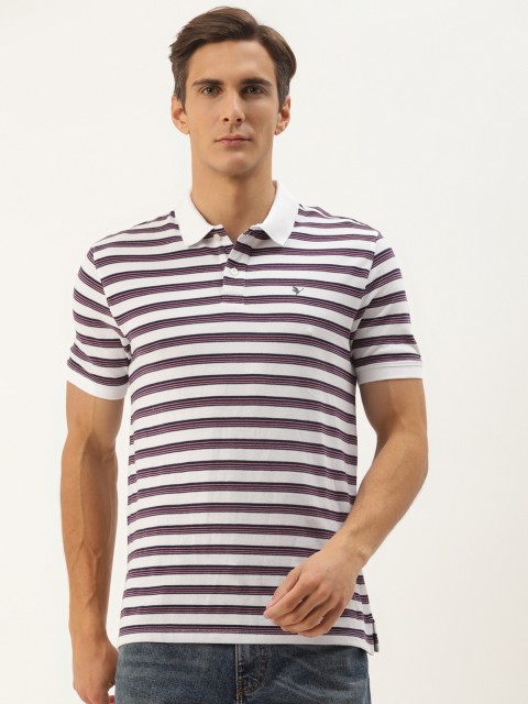 

AM SWAN Men White & Blue Striped Polo Collar T-shirt