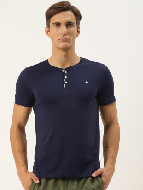 

AM SWAN Men Navy Blue Henley Neck Indigo T-shirt