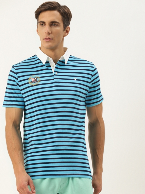 

AM SWAN Men Navy Blue Striped Polo Collar T-shirt