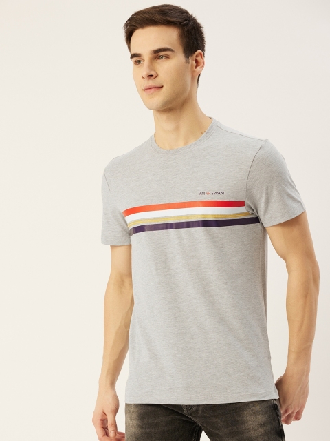 

AM SWAN Men Grey Striped T-shirt