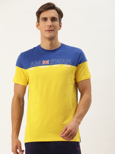 

AM SWAN Men Yellow & Blue Colourblocked T-shirt