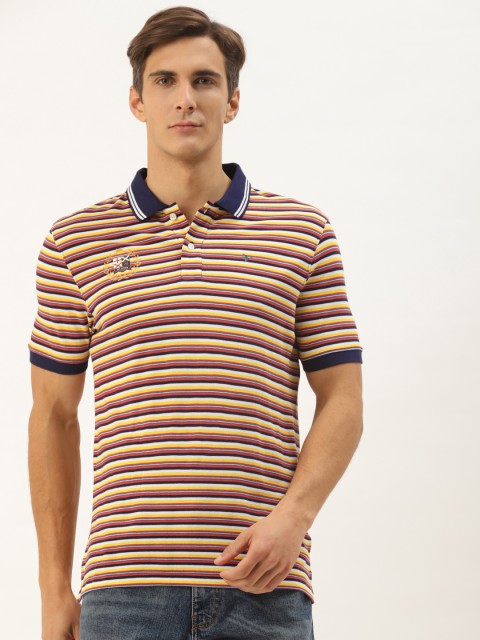 

AM SWAN Men White & Yellow Striped Polo Collar T-shirt