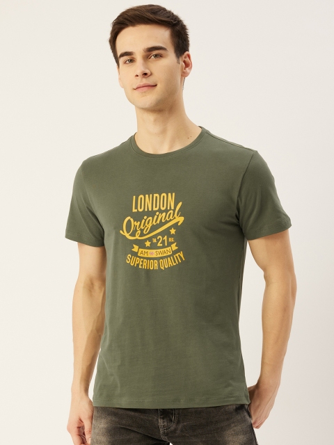 

AM SWAN Men Olive Green Typography Printed T-shirt