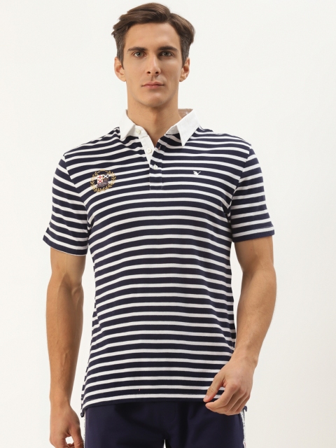 

AM SWAN Men Navy Blue & White Striped Polo Collar T-shirt