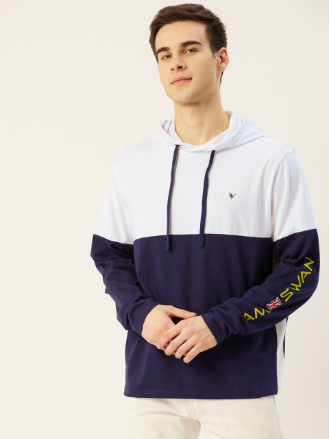

AM SWAN Men White & Blue Colourblocked Hooded Sweatshirt