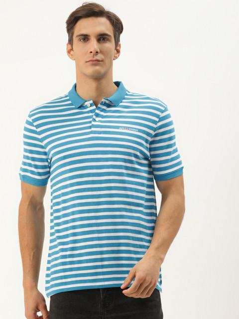 

AM SWAN Men Turquoise Blue & White Striped Polo Collar T-shirt