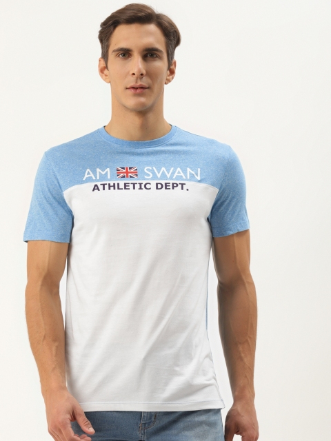 

AM SWAN Men White & Turquoise Blue Colourblocked T-shirt