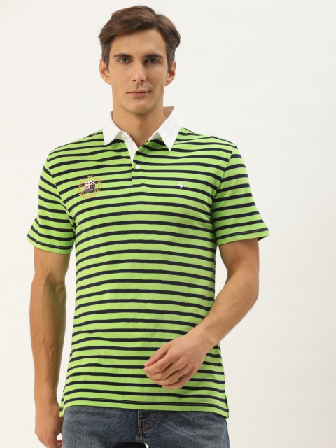 

AM SWAN Men Green & Navy Blue Striped Polo Collar T-shirt