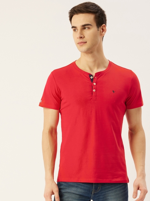 

AM SWAN Men Red Henley Neck T-shirt