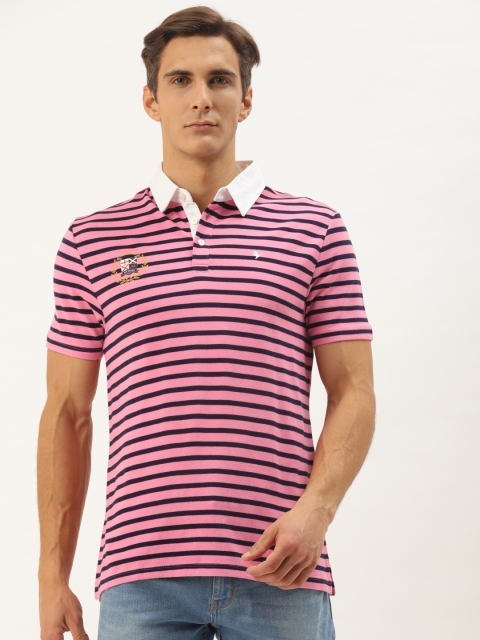 

AM SWAN Men Pink & Navy Blue Striped Polo Collar T-shirt