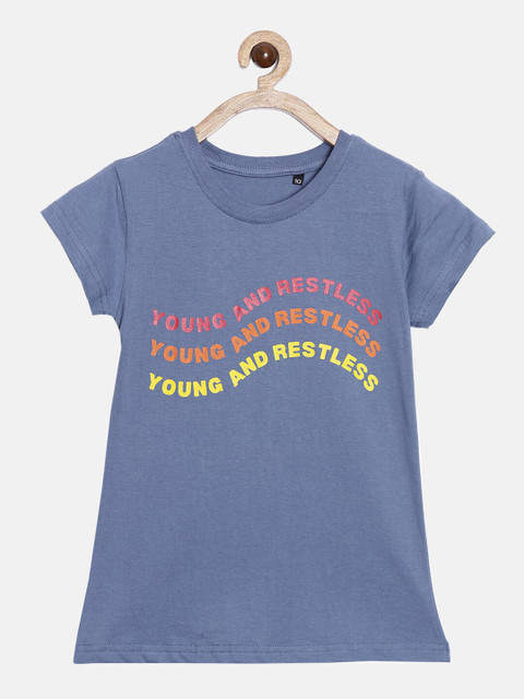 

SayItLoud Girls Blue & Orange Typography Printed Pure Cotton T-shirt