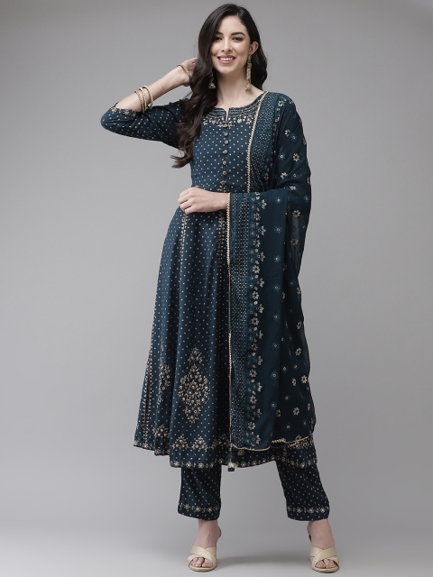 

Ishin Women Teal Blue Embroidered Regular Kurta with Trousers & With Dupatta