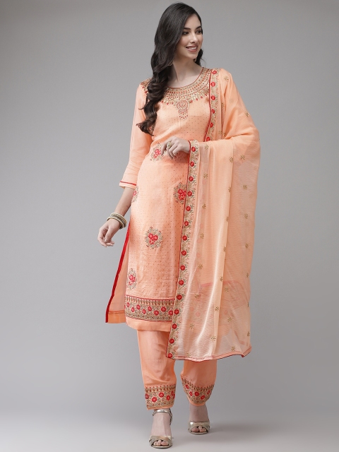 

Ishin Women Peach-Coloured Floral Embroidered Regular Chanderi Silk Kurta with Trousers & With Dupatta