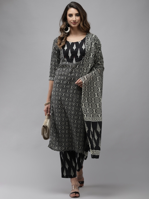 

Yufta Women Black & Off-White Ethnic Motifs Printed Thread Work Cotton Kurta Set & Dupatta
