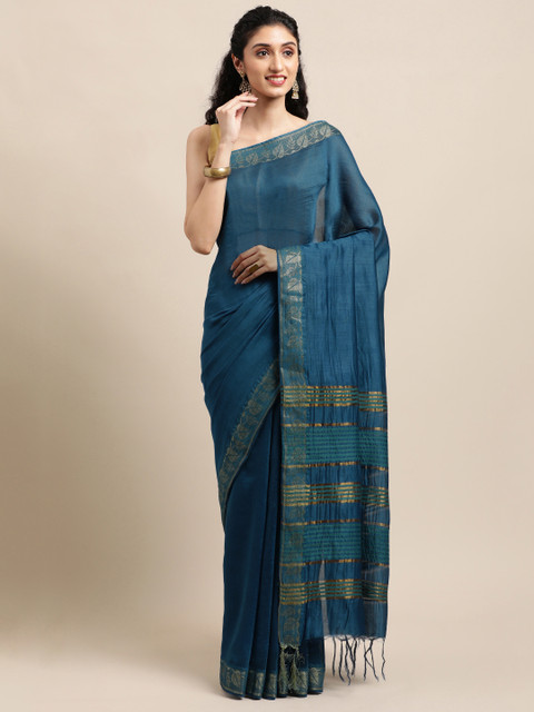 

swatika Teal Zari Pure Silk Handloom Bhagalpuri Saree