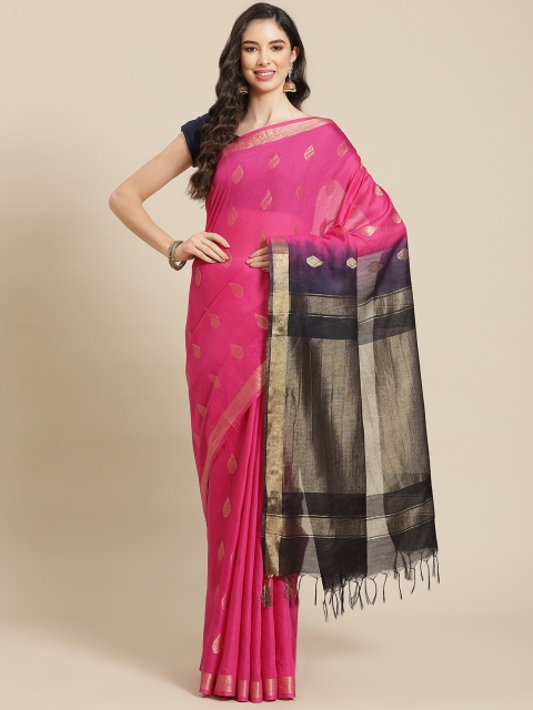 

swatika Pink & Black Ethnic Motifs Zari Silk Blend Bhagalpuri Saree