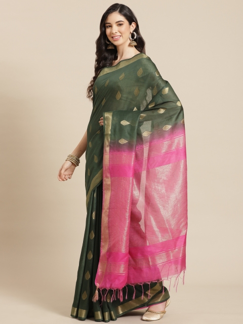 

swatika Green & Pink Zari Silk Blend Bhagalpuri Handloom Saree & Unstitched Blouse Piece