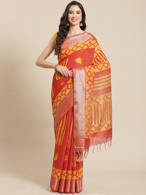

swatika Coral Red & Mustard Yellow Zari Silk Blend Bhagalpuri Saree