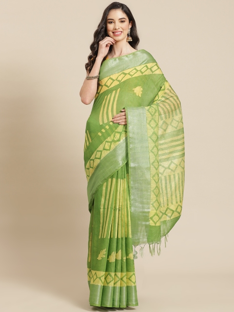 

swatika Green & Yellow Zari Silk Blend Bhagalpuri Saree