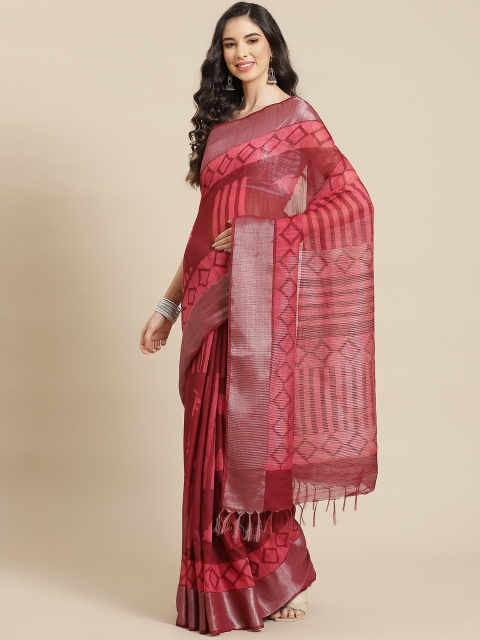 

swatika Maroon & Pink Zari Silk Blend Bhagalpuri Saree