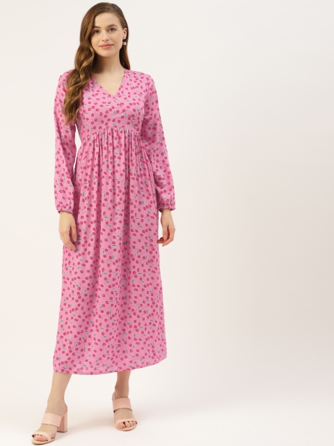 

BRINNS Pink & Red Floral Print Puff Sleeves Maxi Dress